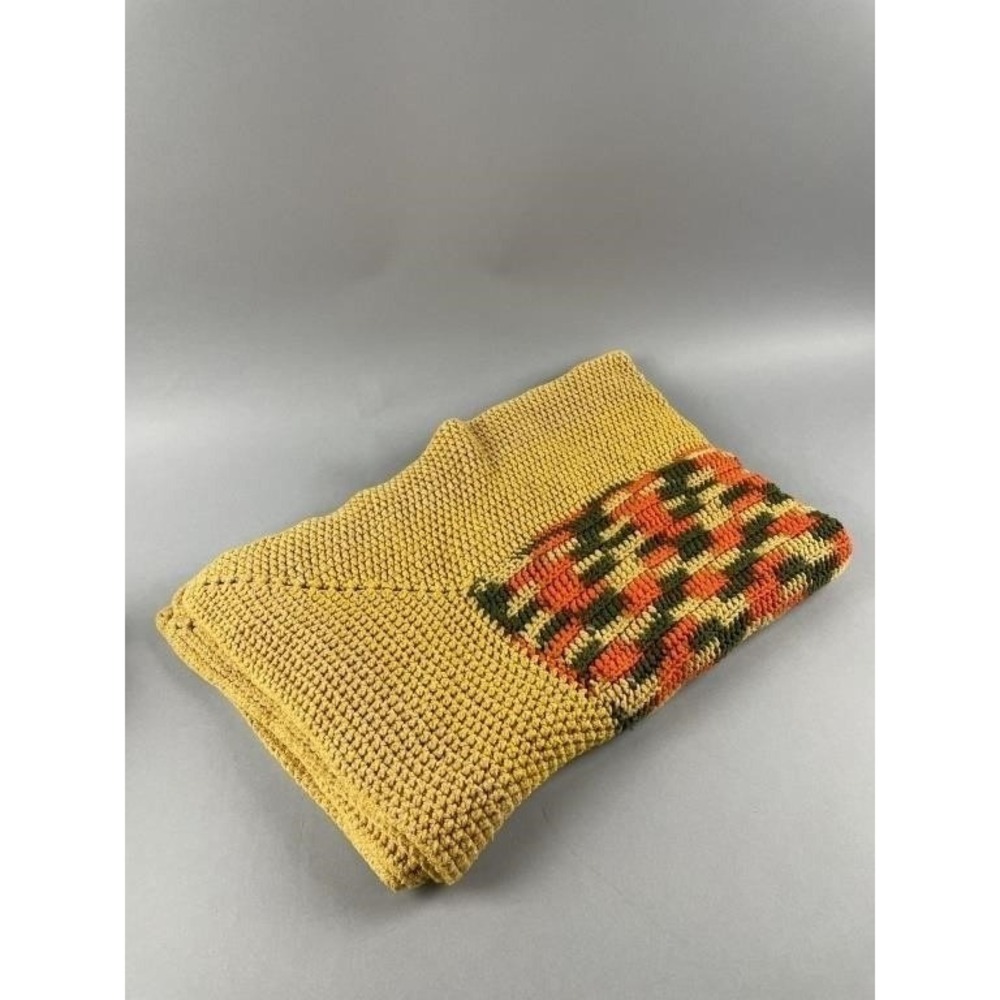 Vintage Hand Knit Afghan Throw Mustard Yellow Orange Green Retro Geometric